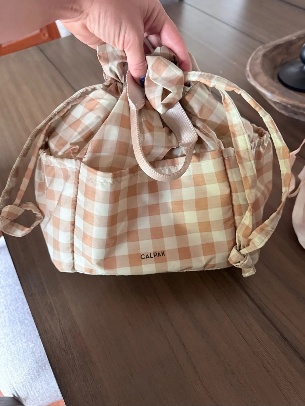 Calpak Beige Gingham Drawstring Tote - Picture 2 of 7
